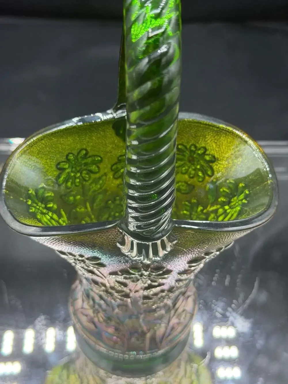 Imperial Helios Green Carnival Glass Daisy Basket